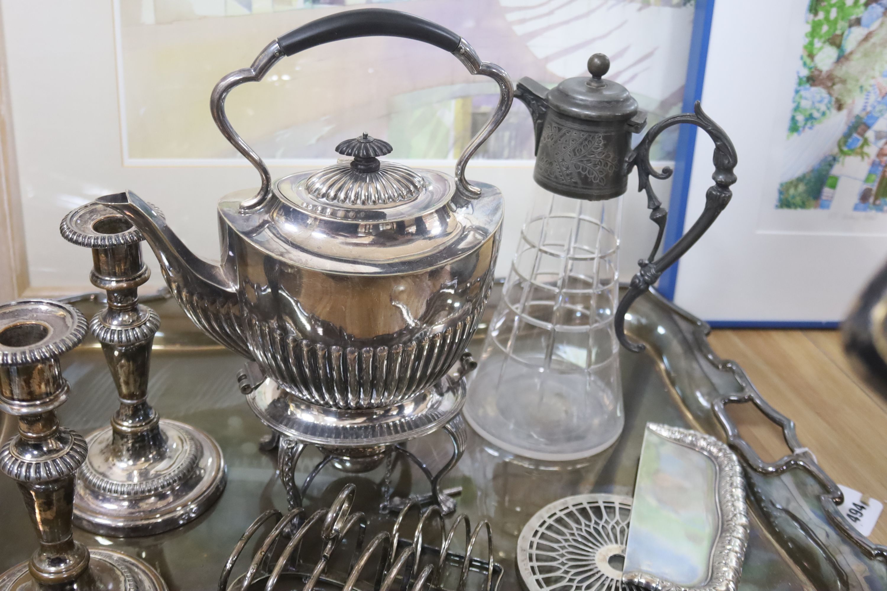 A quantity of assorted silver plate to include a large rectangular tray